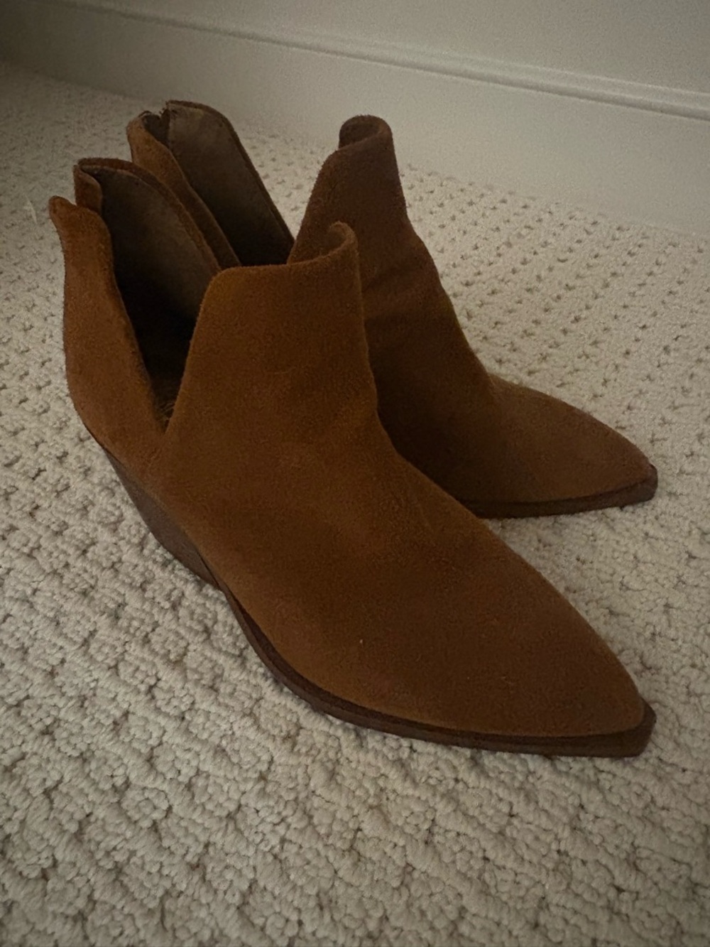 Vince Camuto Suede Pointed-Toe Ankle Boot in Cognac